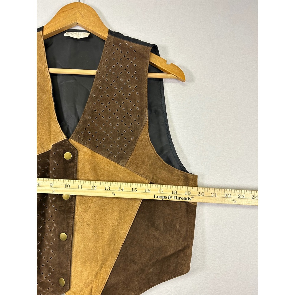 Western Boho Vintage Unbranded Women M/L Brown Patchwork Suede Leather Vest Snap - Picture 8 of 8
